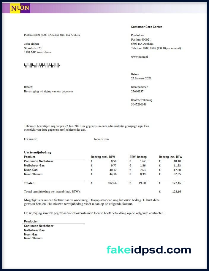 Utility Bill Nuon NLD